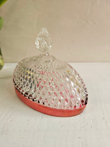 Indiana Glass Diamond Point Butter Dish with Cranberry Band 939