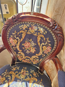 Victorian Style Balloon Back Needlepoint Armchair Navy Blue #42410