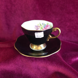 Foley Black with Floral Design Cup and Saucer 025