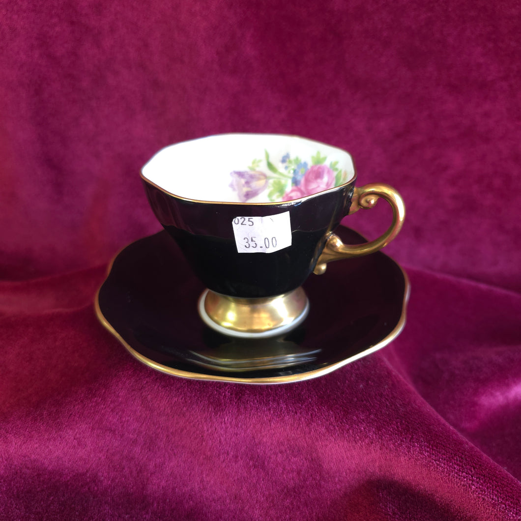Foley Black with Floral Design Cup and Saucer 025
