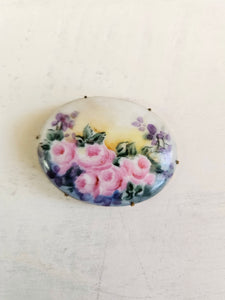 Victorian Roses with Greenery Leaves Handpainted Brooch 954
