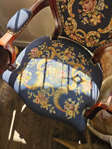 Victorian Style Balloon Back Needlepoint Armchair Navy Blue #42410