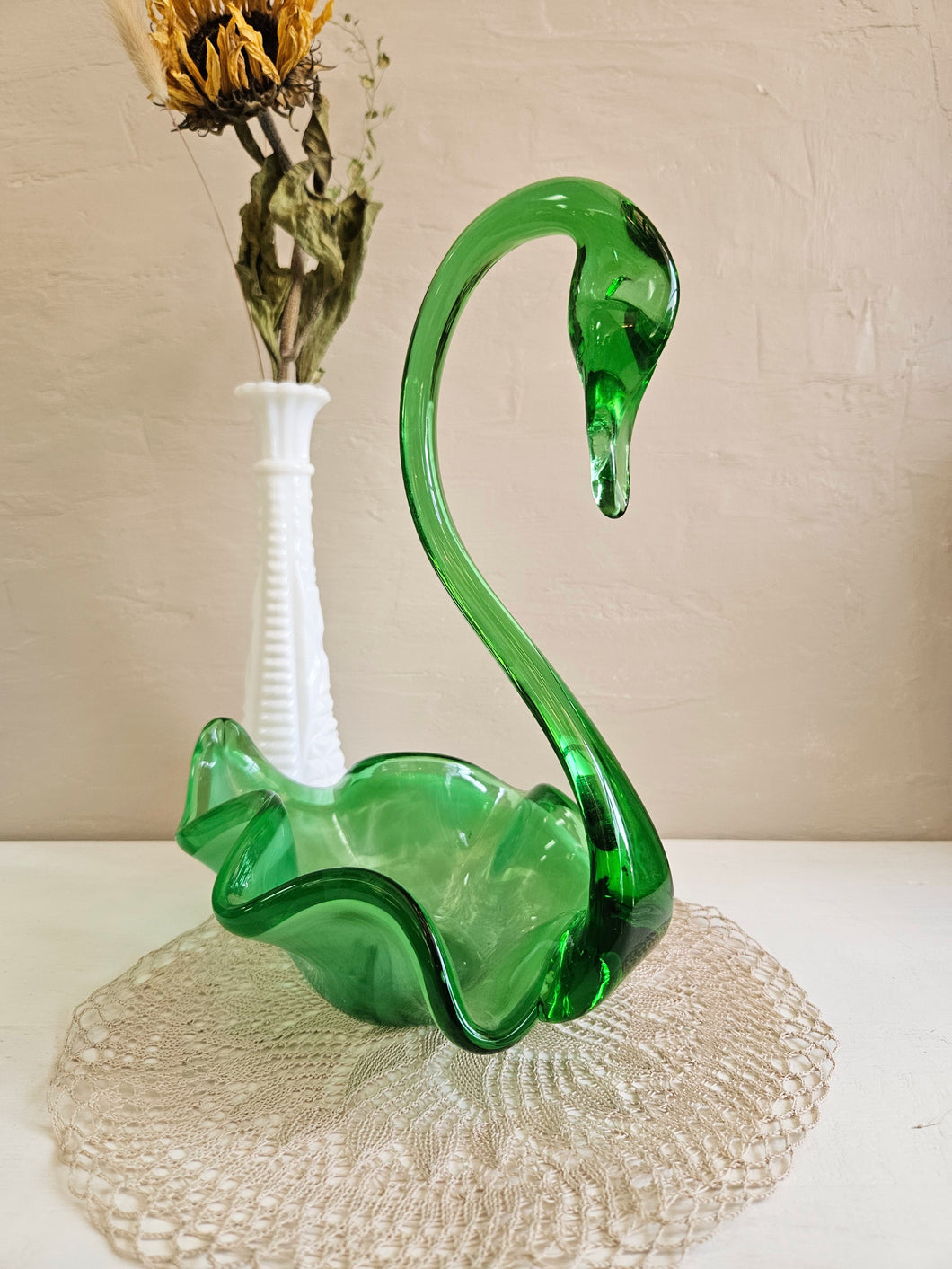 Mid Century Hand Blown Green Glass Swan Candy Dish #907