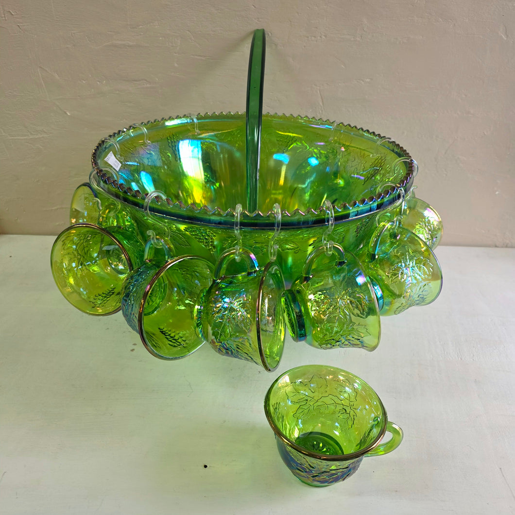Green Carnival Indiana Glass Punch Bowl Set 42509