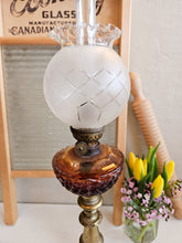 Load image into Gallery viewer, Antique Brass and Amber Glass Oil Lamp. 42412
