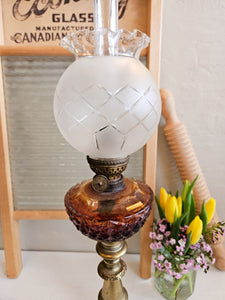 Antique Brass and Amber Glass Oil Lamp. 42412