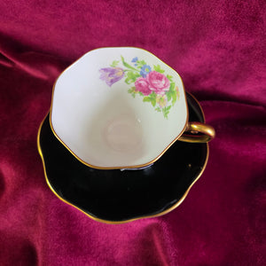 Foley Black Floral Teacup and Saucer 025
