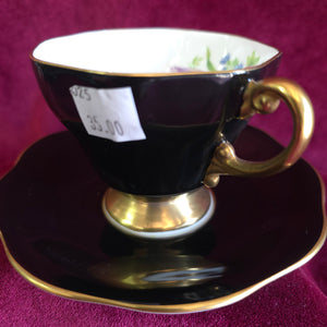 Foley Black with Floral Design Cup and Saucer 025
