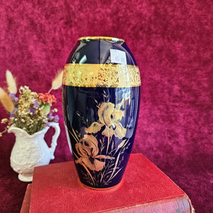 Imperia Limoges Cobalt Vase Iris Motif w 22K Gold 028