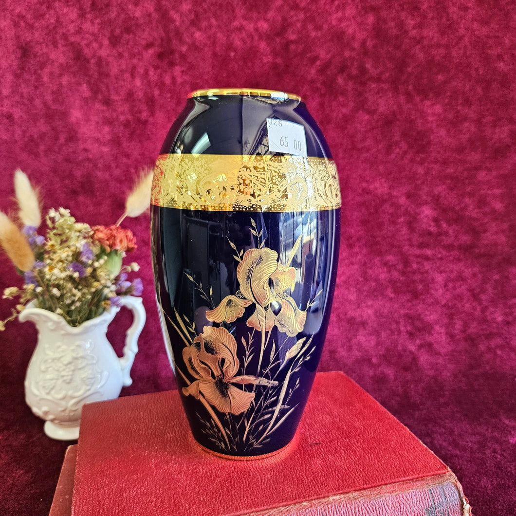Imperia Limoges Cobalt Vase Iris Motif w 22K Gold 028