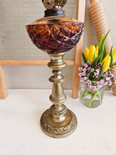 Load image into Gallery viewer, Antique Brass and Amber Glass Oil Lamp. 42412
