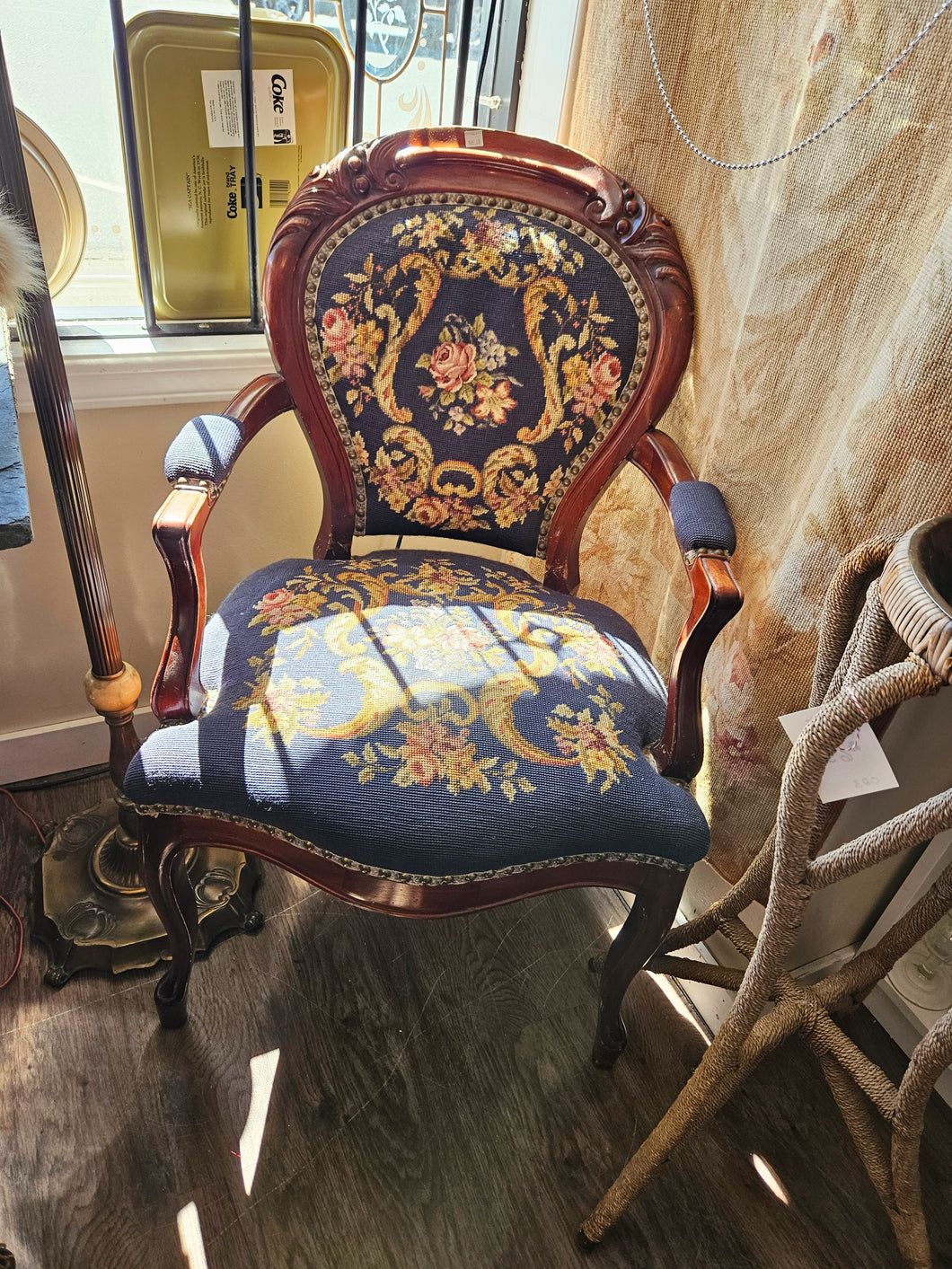 Victorian Style Balloon Back Needlepoint Armchair Navy Blue #42410