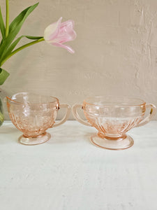 Sharon Cabbage Rose Pink Depression Glass Open Cream and Sugar Set 24 35