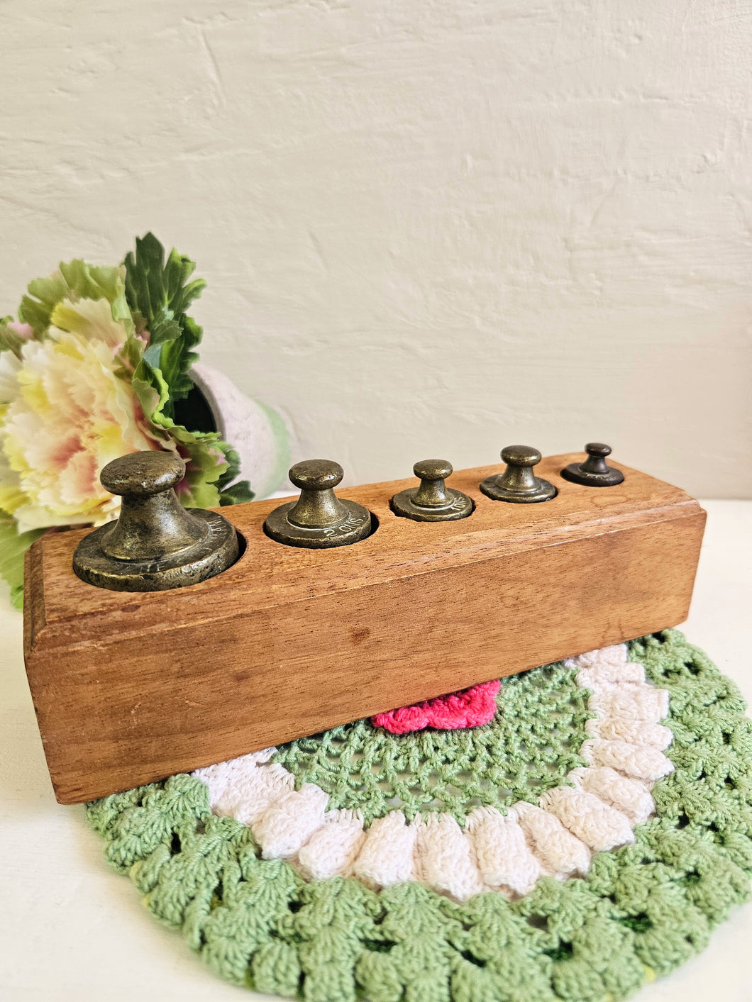 Brass Weights Set of 5 in Wooden Box 946