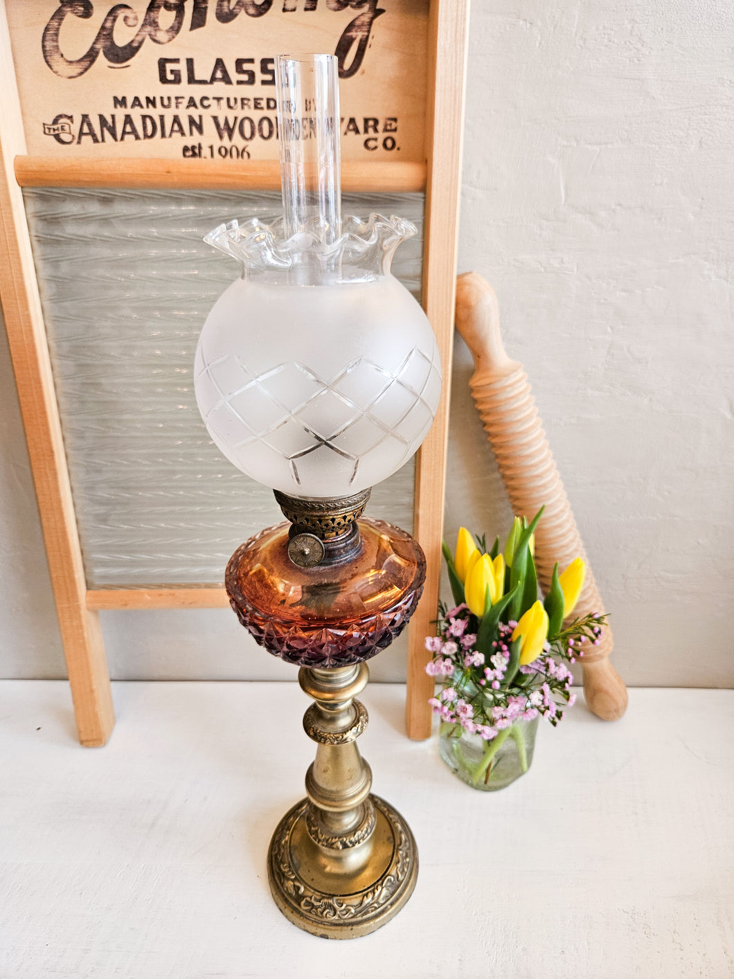 Antique Brass and Amber Glass Oil Lamp. 42412