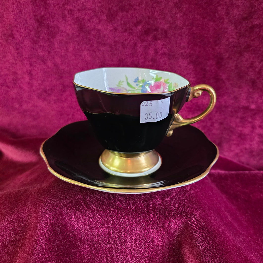 Foley Black Floral Teacup and Saucer 025