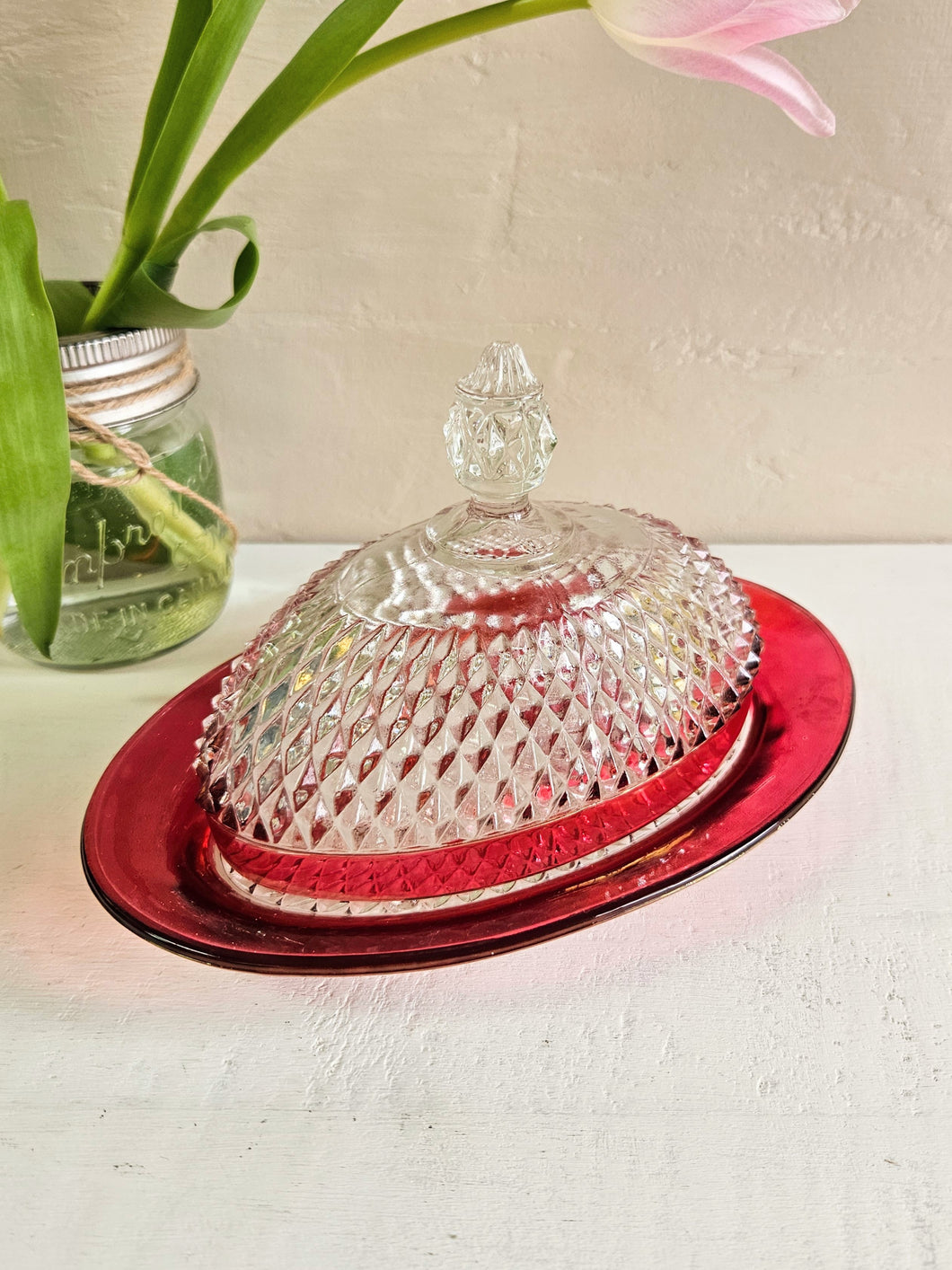 Indiana Glass Diamond Point Butter Dish with Cranberry Band 939