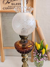 Load image into Gallery viewer, Antique Brass and Amber Glass Oil Lamp. 42412
