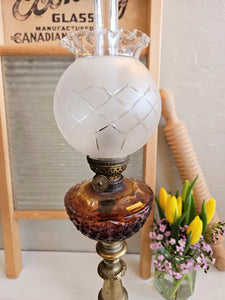 Antique Brass and Amber Glass Oil Lamp. 42412