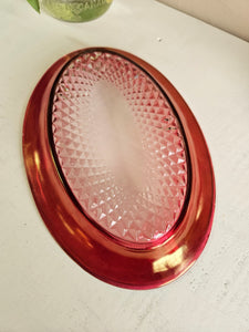 Indiana Glass Diamond Point Butter Dish with Cranberry Band 939