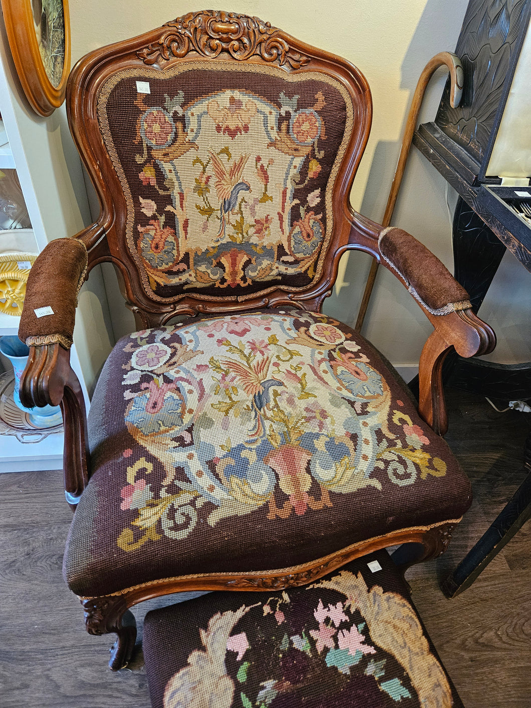 Victorian Style Wooden Armchair with carved birds & Needlepoint Tapestry #42507