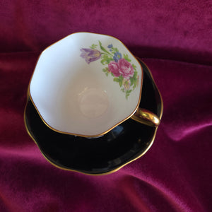 Foley Black with Floral Design Cup and Saucer 025