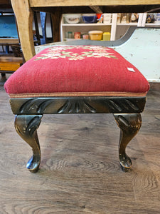 Red Floral Needlepoint Foot Stool with Cabriole Legs #42505